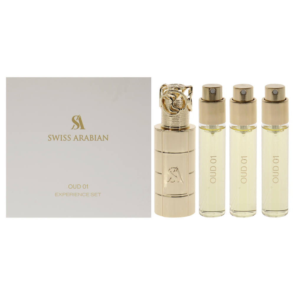Oud 01 by Swiss Arabian 4 Pc Mini Gift Set 3 x 10ml Perfume Spray, 1 Metal Case